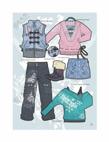 冬季雪山滑雪运动风格服装系列款式矢量图