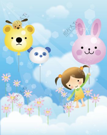 兔子气球小熊气球卡通女孩移门图