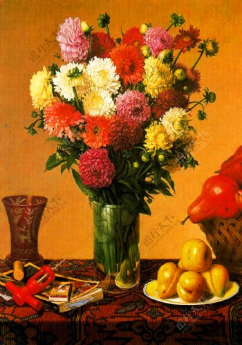 油画鲜花旁边的水果图片