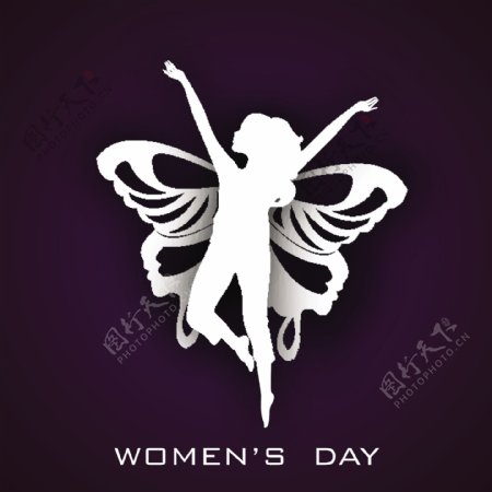 三八妇女节贺卡或海报以紫色背景的翅膀舞姿少女白色的轮廓设计