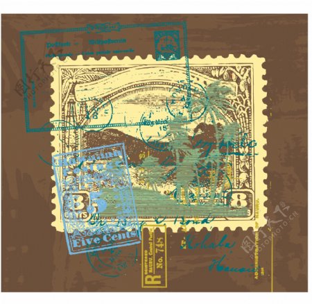 印花矢量图椰树印章邮票鹅黄色免费素材