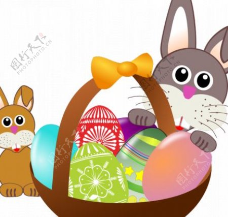 小兔子和复活节彩蛋篮后面的矢量插图兔子