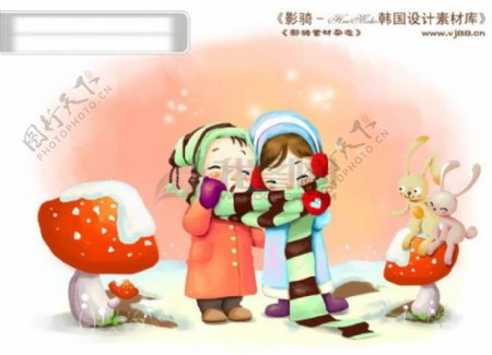 HanMaker韩国设计素材库背景卡通漫画可爱人物孩子朋友友谊温馨围巾雪天儿童