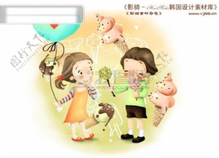 HanMaker韩国设计素材库背景卡通漫画可爱人物女孩男孩棒棒糖冰淇淋开心儿童