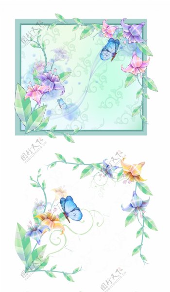淡雅蓝色花朵蝴蝶背景素材