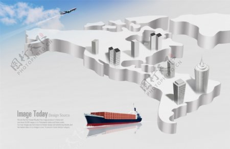 立体世界地图与飞机轮船PSD分层素材