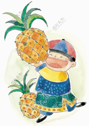 小孩吃菠萝水彩画