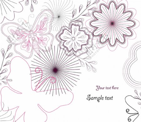 矢量手绘花朵蝴蝶线稿图形素材