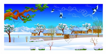 日本冬季雪景景观插画