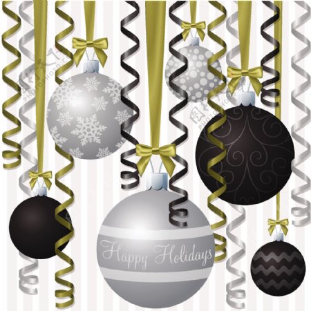 银色和黑色的丝带和小玩意激发节日快乐卡矢量格式