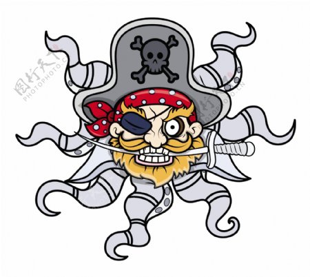 令人毛骨悚然的章鱼头海盗船长矢量卡通插画
