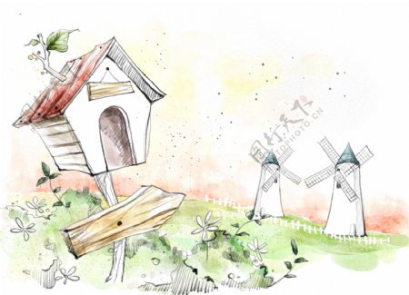 HanMaker韩国设计素材库背景淡彩色调意境绘画风格草地风车