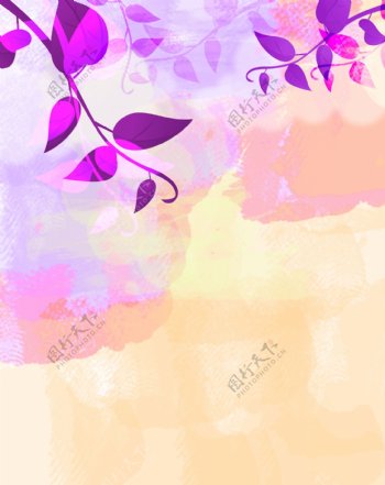 水彩画水墨背景紫叶PSD素材