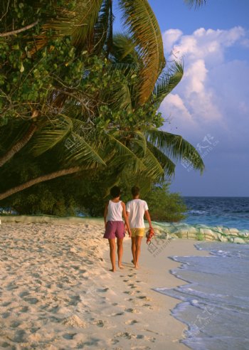 海岛海边海滩沙滩情侣背影椰树脚印度假