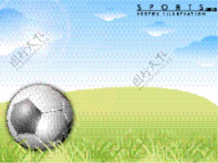 在绿色的草地上天然的蓝色天空背景足球