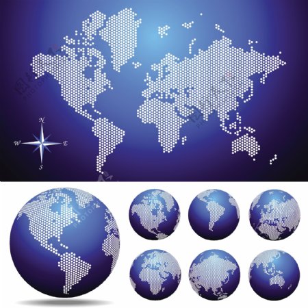 点状世界地图与地球矢量素材