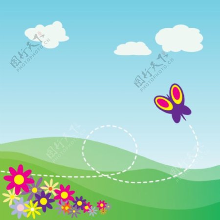卡通的山坡上蝴蝶和鲜花的剪辑艺术