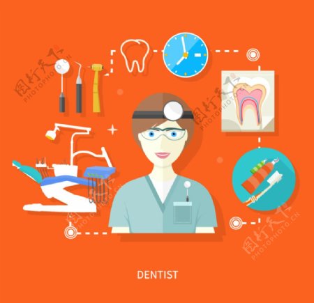 牙医与治疗工具矢量图片