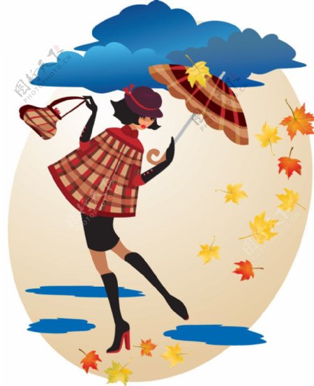 秋天打着雨伞的浪漫女孩图片