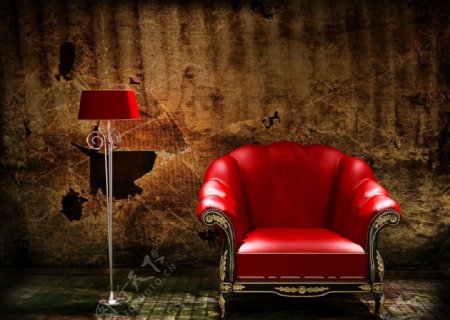 破旧墙壁红色沙发图片