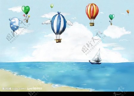 夏之爽背景素材.儿童模板.海边.气球.夏天素材8图片