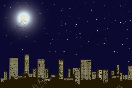 都市城市建筑夜景圆月星空图片