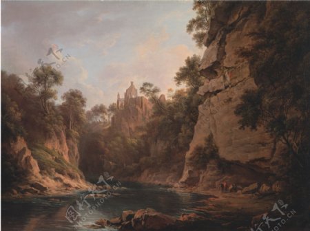 山崖风景油画图片