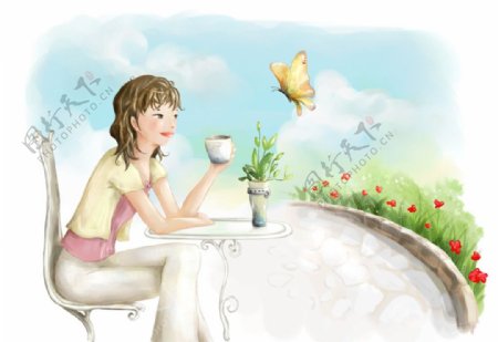 手绘水彩喝咖啡的女孩插画图片