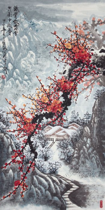 国画红梅北国冬雪图片