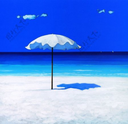 太阳伞海滩油画图片