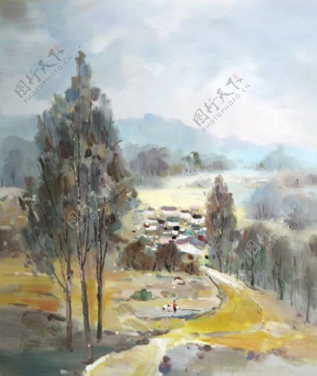 乡村景色油画图片
