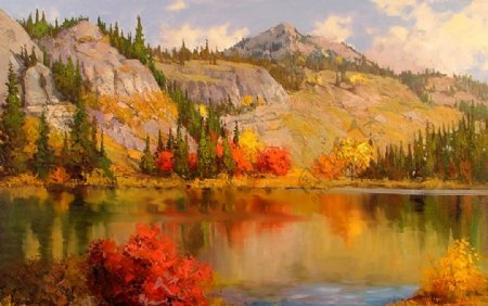 油画秋天的湖水图片