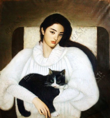 黑猫与白衣少女图片