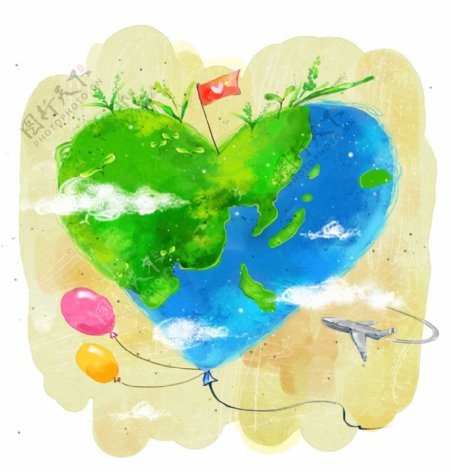 手绘绿色心型地球素材图片