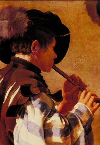 油画吹笛子的男人图片