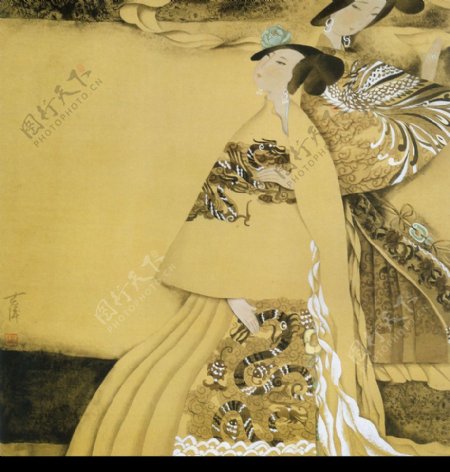 中国现代名画国画双骄图古代美女图片