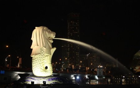 新加坡海滨湾鱼尾狮夜景图片