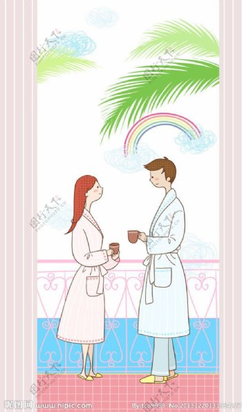 穿睡袍喝咖啡的情侣图片