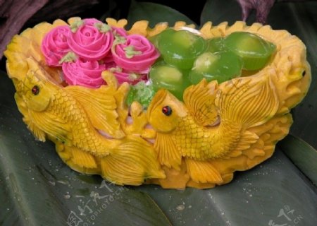 蔬果蔬菜水果雕刻示范艺术食材花工艺精湛陈列展品展示南瓜糕玫瑰金鱼图片