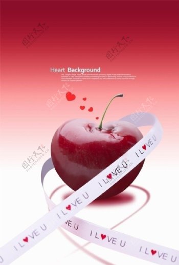 红色苹果心形包装带背景素材图片