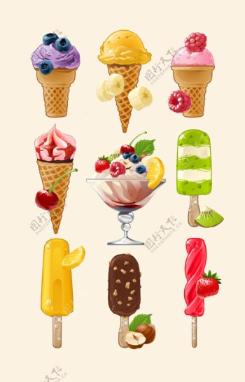 一组美味的冰淇淋