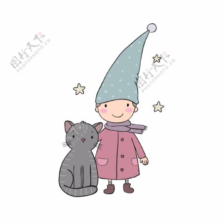 卡通戴帽子的小男孩和小猫