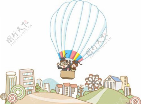 卡通人物热气球周游世界