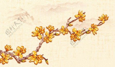 新中式手绘玉兰花背景墙