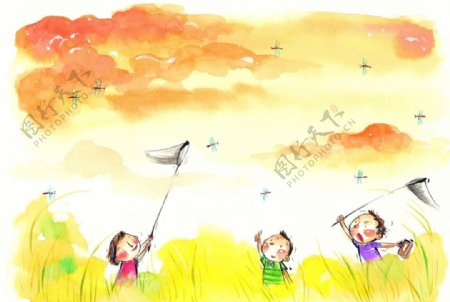 水彩画插画儿童与蝴蝶