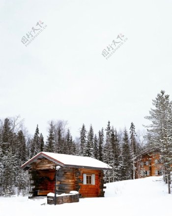 森林边白雪覆盖的小木屋