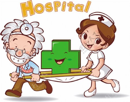 医生护士抬担架卡通漫画插图