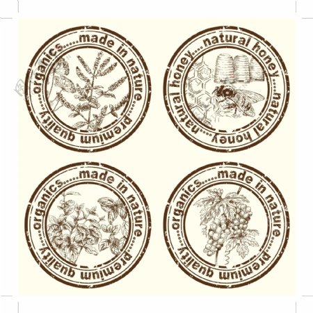 手绘花朵葡萄蜜蜂邮戳标签