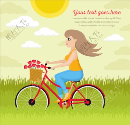 卡通骑自行车的少女