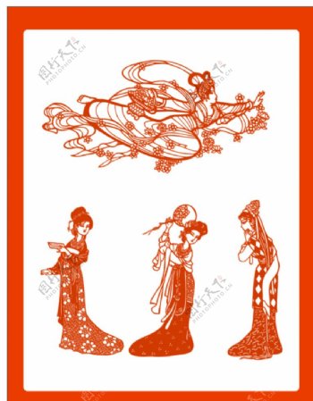 飞天古代仕女传统民间剪纸纹样